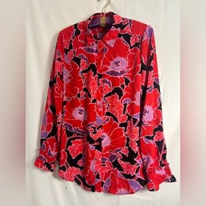 Retro Oversized Boho Red Black Floral Long Sleeve Button Up Blouse Size M